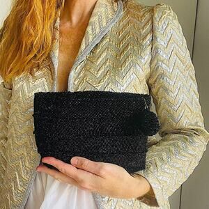 Vintage 1940s Beaded Clutch glass Beads Black Shiny Sparkle Holiday